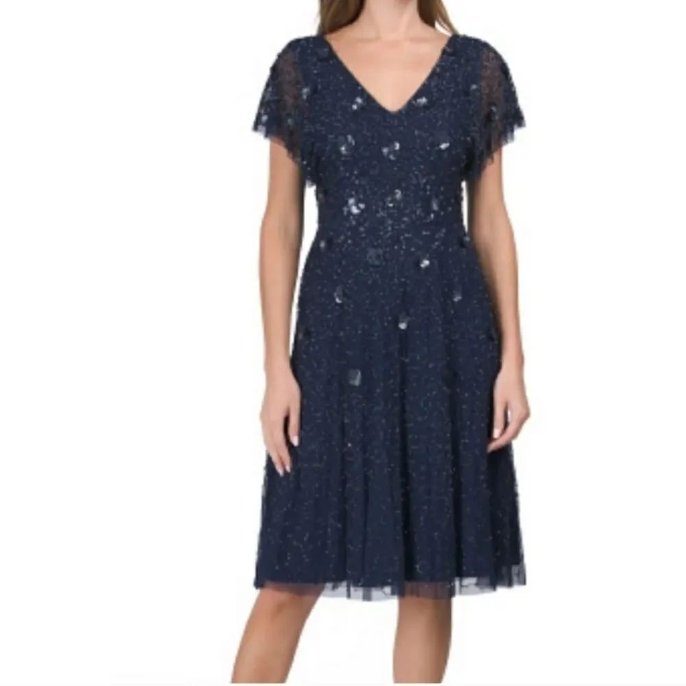 Adrianna Papell Floral Applique & Beaded Midi Dress Sz 4